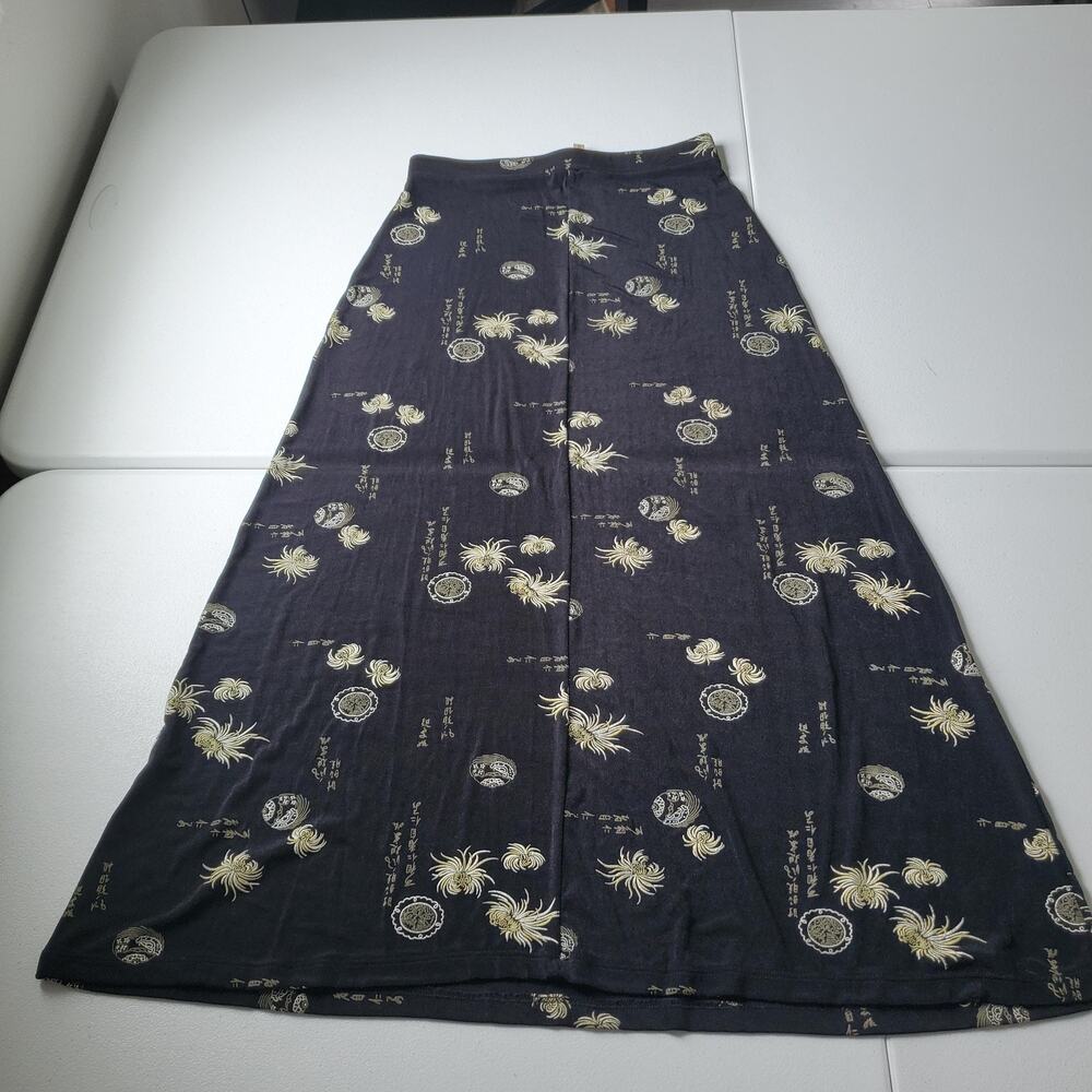 90s Asian y2k Skirt Womens Medium Black Floral A-Line Long Stretch Boho Jersey - Picture 2 of 9